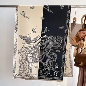 Thick Pegasus pashmina scarf in beige and black with hand-drawn art and fringe edges