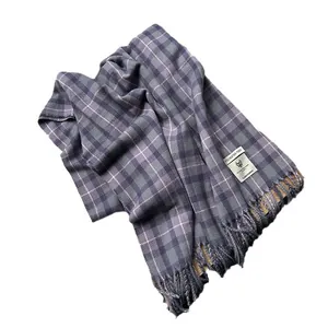 Classic plaid scarf in purple and grey polyester with soft tassel fringe details