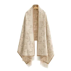 Écharpe épaisse beige aspect cachemire avec motifs chats mignons et franges femme
