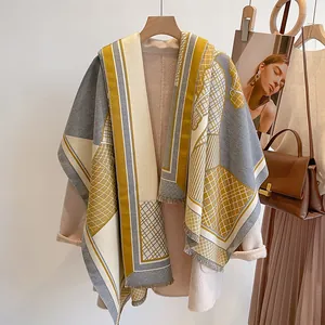 Winter luxury horse pattern cashmere scarf in yellow and grey geometric knit design