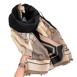 Thick pashmina scarf with horse pattern, tassels, and tri-color geometric design