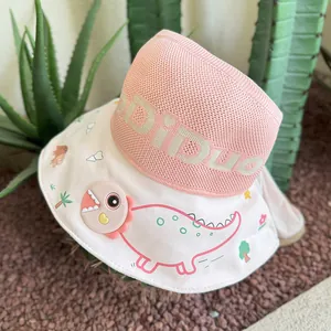 Pink kids sun hat with cartoon dinosaur brim and breathable mesh for outdoor UV protection