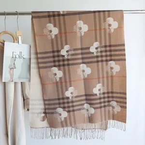 Elegant cashmere-like shawl with classic plaid patterns and floral clover print accents