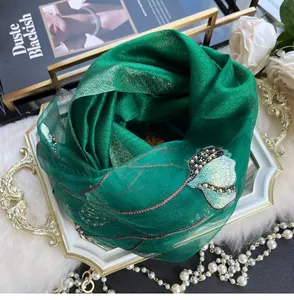 Detailed close-up of dark green silk scarf featuring floral embroidery and beaded details