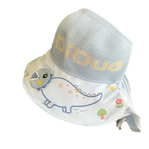 Light blue UV protection sun hat for kids with cartoon dinosaur pattern and open top