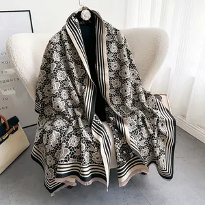 Women Fashion Faux Cashmere Scarf Elegant Rose Floral Lace Pattern Thickened Warm Shawl Wrap With Stripe Border And Tassel