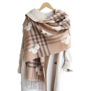 Elegant plaid floral faux cashmere shawl with tassels for women, warm winter scarf