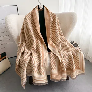 Damen Geometrisches Labyrinth Muster Schal Viskose Kaschmir-Imitat Quasten Schultertuch Winter Warm Weich Pashmina Stil Dick