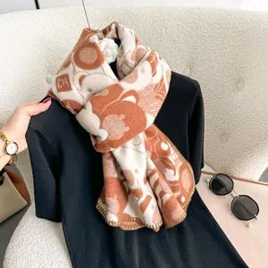 Thick autumn winter scarf with cute brown bear patterns and soft faux cashmere texture