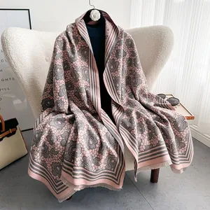 Pink and gray cashmere feel scarf with vintage floral lace patterns and soft fringes