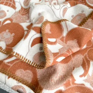 Detail of soft teddy bear pattern scarf with premium blanket stitch edging and thick texture