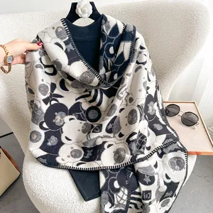 Thick warm cashmere scarf featuring stylish black and grey cartoon bear prints for women
