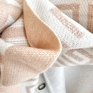 Detail of soft cashmere-feel scarf with knitted monogram pattern in beige and camel