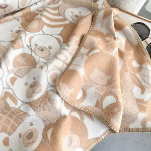 Detailed close-up of thick knit fabric with bear patterns and neat hemmed edges