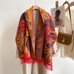 Écharpe Jacquard Ethnique Fleur Oiseau Femmes Imitation Cachemire Épaisse Chaude Châle Hiver Avec Franges Bohème Vintage
