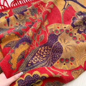 Châle ethnique jacquard à fleurs et oiseaux avec franges épaisses pour l'hiver
