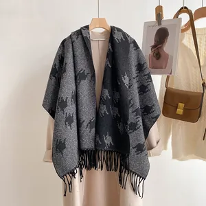 Women Winter Houndstooth Scarf Thickened Warm Jacquard Tassel Shawl Wrap Dual Use Viscose Cashmere Like Soft Large Scarf