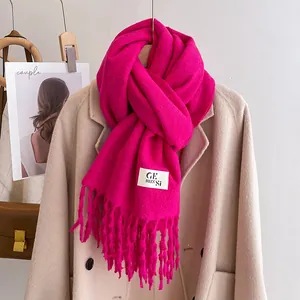 Detail of rose red scarf featuring soft wool-like texture and long fringed tassel edges