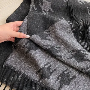 Classic houndstooth wool scarf for women featuring thick double-sided fabric and black tassels