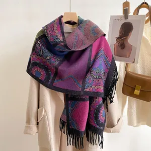 Bohemian Ethnic Style Faux Cashmere Scarf Women Thick Warm Vintage Tassel Shawl Wrap Pashmina For Autumn Winter Daily
