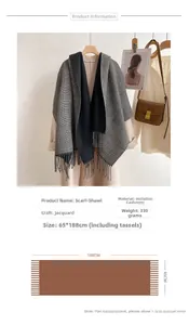 Detail of soft cashmere-feel scarf featuring black and grey plaid pattern with fringe