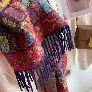 Ethnic style colorful jacquard fringe scarf with vintage tassel hem and thick knit texture