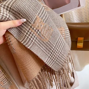 Plaid cashmere scarf with cat pattern and long tassels in brown and beige tones