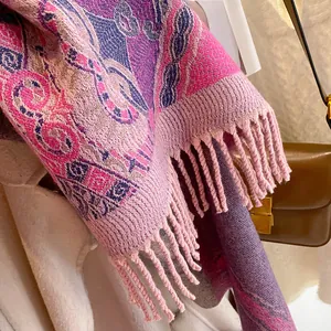 Detailed view of bohemian paisley jacquard shawl with thick fringe and ethnic patterns