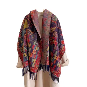 Artistic oil painting style thick core yarn scarf with tassels for winter warmth