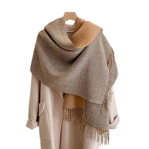 Classic houndstooth plaid scarf with camel solid reverse side and fringe detailing