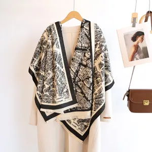 Women's black and white cashmere-like scarf with map pattern and short tassels