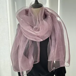 Elegant lightweight lotus pink silk scarf wrap for women with sheer pleated texture