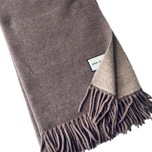Double-sided wool blend scarf in dark coffee and khaki with fringe edges on white background
