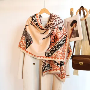 Vintage Horse Jacquard Faux Cashmere Scarf For Women Winter Warm Soft Tassel Scarf Shawl Wrap Large Galloping Horse Pattern Pashmina