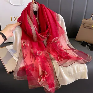 Luxurious deep red silk blend scarf with tulip embroidery and gold bead accents