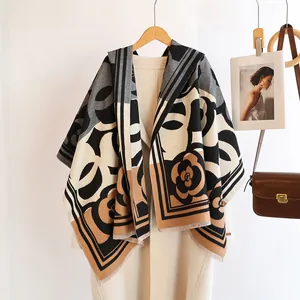Camellia Pattern Faux Cashmere Scarf For Women Winter Warm Thick Shawl Elegant Color Block Tassel Pashmina Wrap Scarf