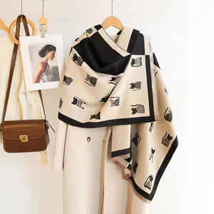 Women Thick Imitation Cashmere Scarf Large Shawl Cartoon Cat Leopard Print Winter Warm Wrap With Tassels Casual Wear