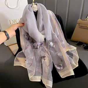 Elegant light purple silk blend scarf with floral embroidery and bead detailing