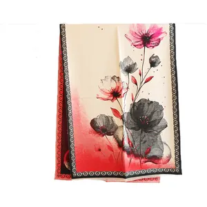 Chinese style cashmere-feel shawl with pink floral print and red gradient border for women
