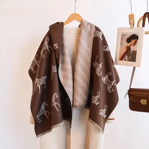 Double-sided jacquard horse scarf in chocolate and grey with delicate tassels and fringe