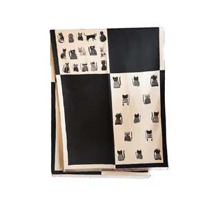 Cute cat pattern scarf in black and beige plaid with soft tassel fringe detail