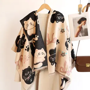 Écharpe Femme Motif Chat Mignon Hiver Chaud Imitation Cachemire Avec Franges Jacquard Écharpe Double Face Châle Mode