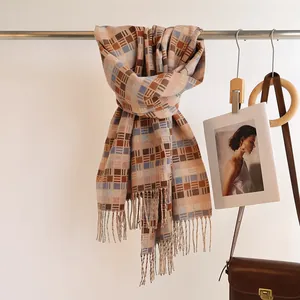 Winter plaid scarf with tassels in beige and brown, warm cashmere-like wrap for women