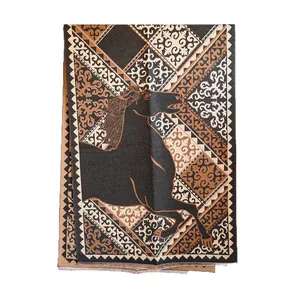 Jacquard horse pattern pashmina scarf with ethnic motifs and fringed edges in black and brown