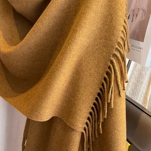 Caramel wool scarf with tassels, soft solid color shawl for autumn and winter warmth