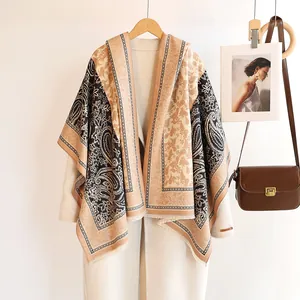 Cashmere feel paisley print shawl wrap for women with blue and beige floral patterns