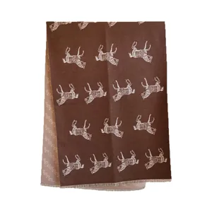 Brown horse jacquard cashmere-feel scarf with reversible pattern and fringed edges