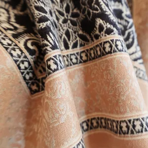 Macro shot of paisley pattern on a soft double-sided cashmere-like shawl with blue tones