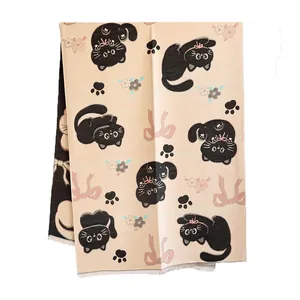 Écharpe mignonne avec motif chat, pompons et tricot réversible pour femmes