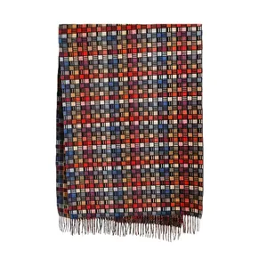 Colorful plaid winter scarf with fringe, soft warm cashmere-like wrap for women